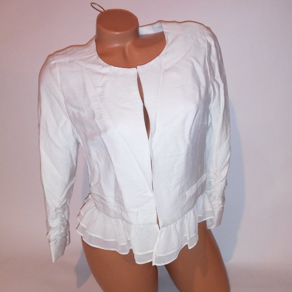 Elle Jackets & Blazers - Elle Blouse Blazer‎ Medium Ivory Ruffle Trim Hook & Eye Front Closure Solid